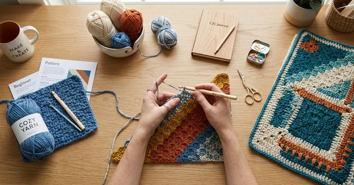 Crochet c2c tutorial step-by-step instructions for working diagonal blocks with ease