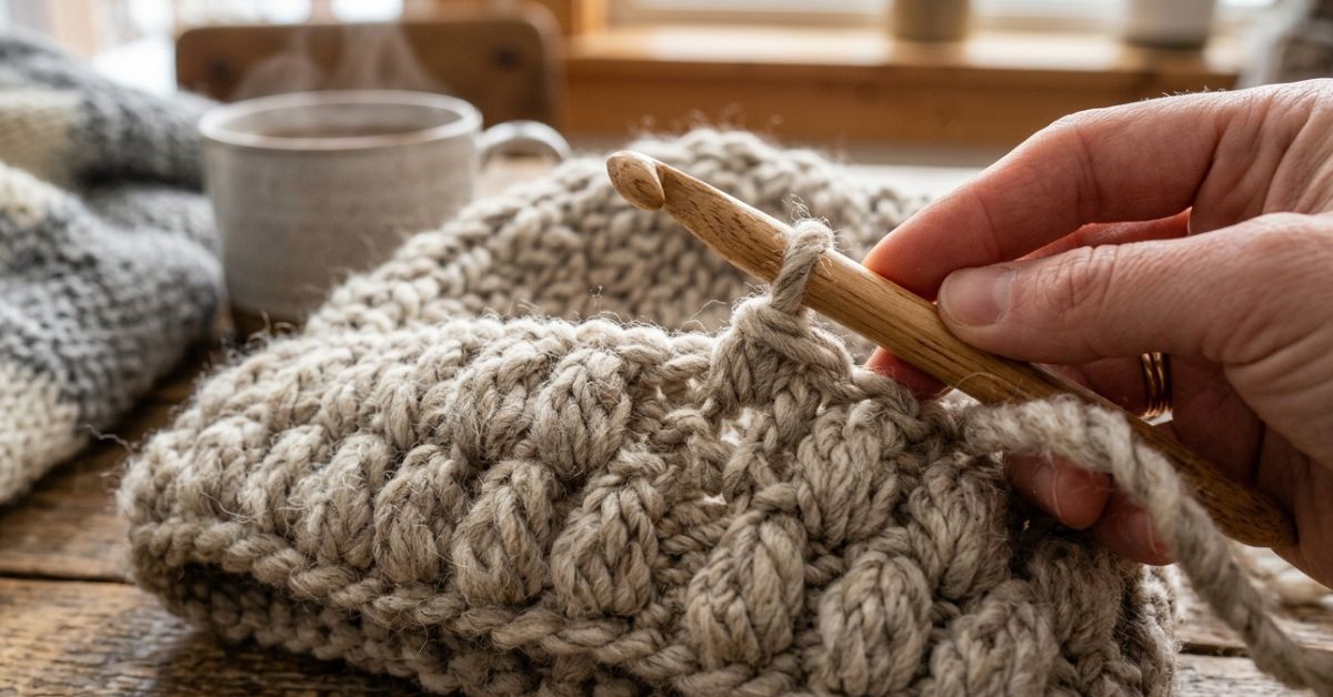 Crochet puff stitch tutorial add beautiful 3D texture and warmth to your beanies easily