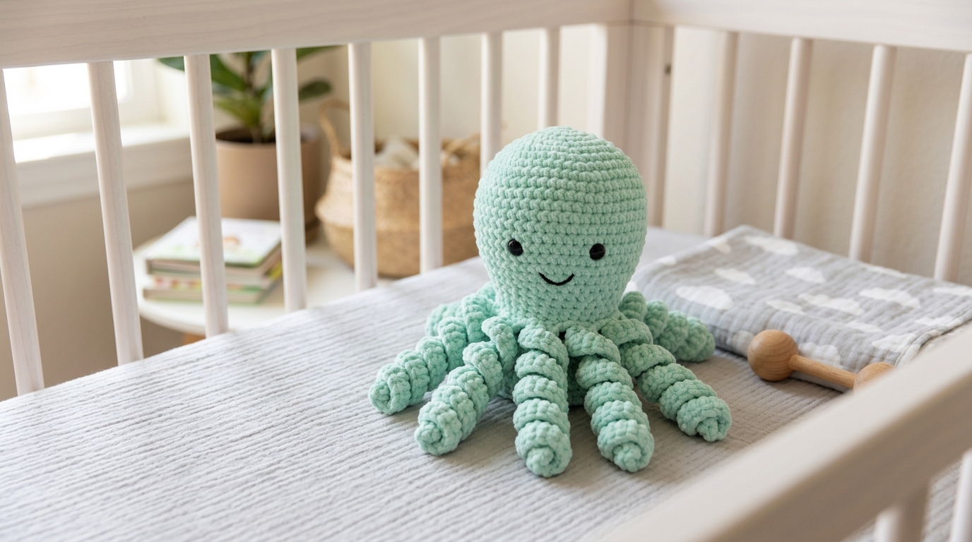 Crochet octopus tutorial: soft amigurumi toy with curly tentacles for babies and infants