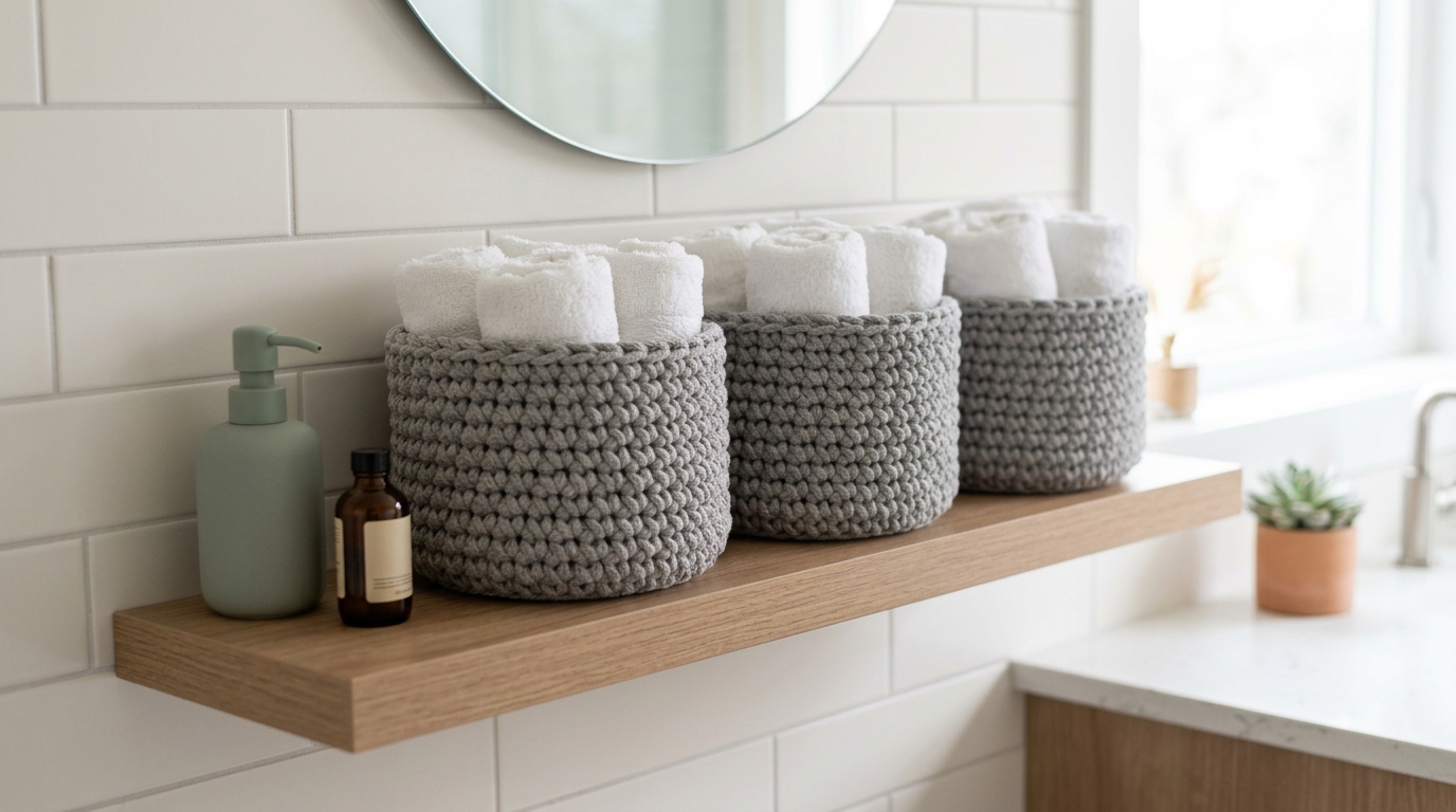 Basket crochet tutorial: organizing ideas using cord and rope for neat household shelves