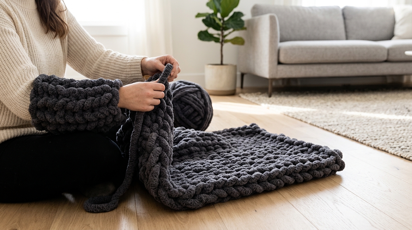 Chunky hand crochet tutorial: make a giant chunky knit blanket using only your arms fast