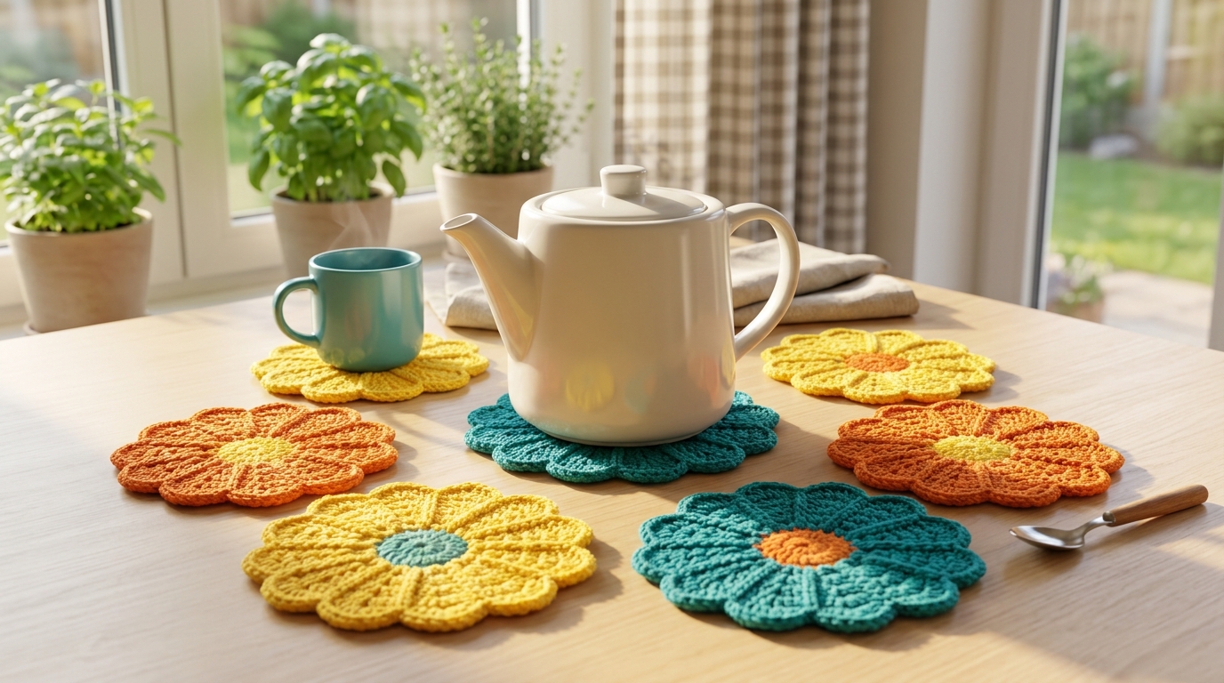 Crochet coasters tutorial: make a matching set of colorful flower designs for your kitchen