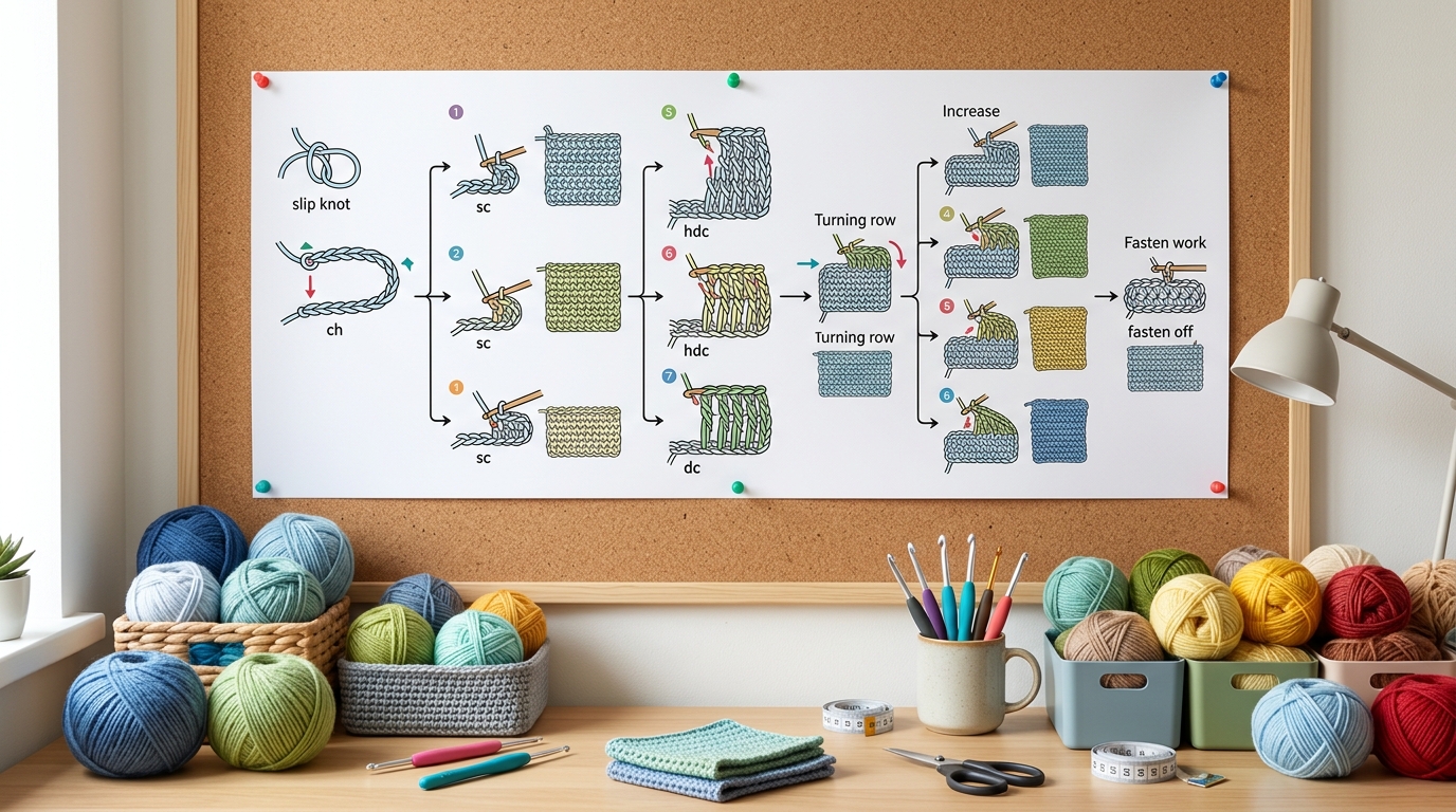 Step by step crochet stitches chart: your visual roadmap from foundation chain to finish